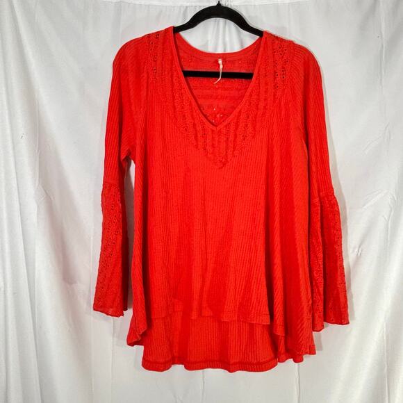Free People Parisian Nights Top in vermillion with bell sleeves small - Picture 2 of 7